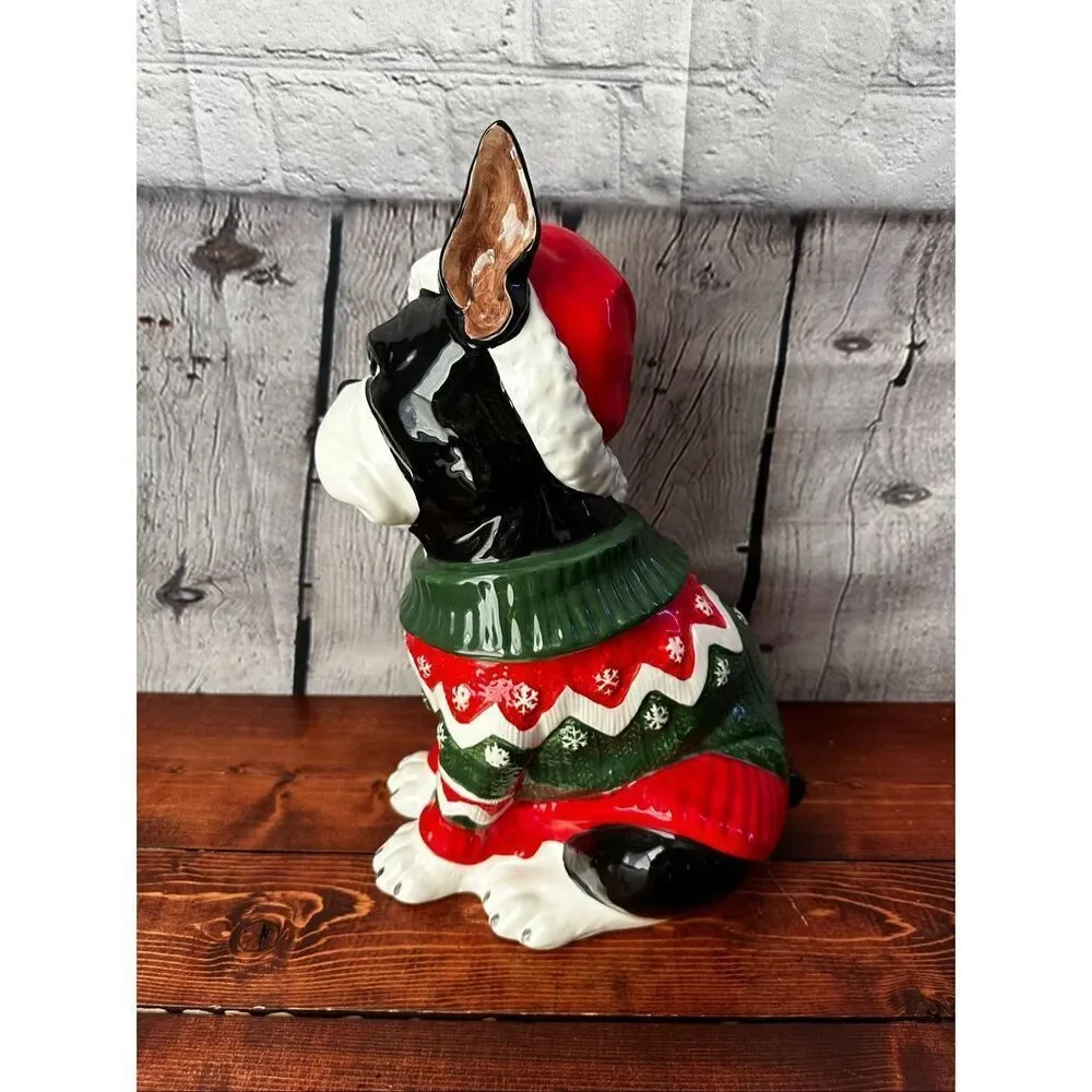 Blue Sky Clay Works Boston Terrier Christmas Cookie Jar Santa Hat Sweater 13.5”